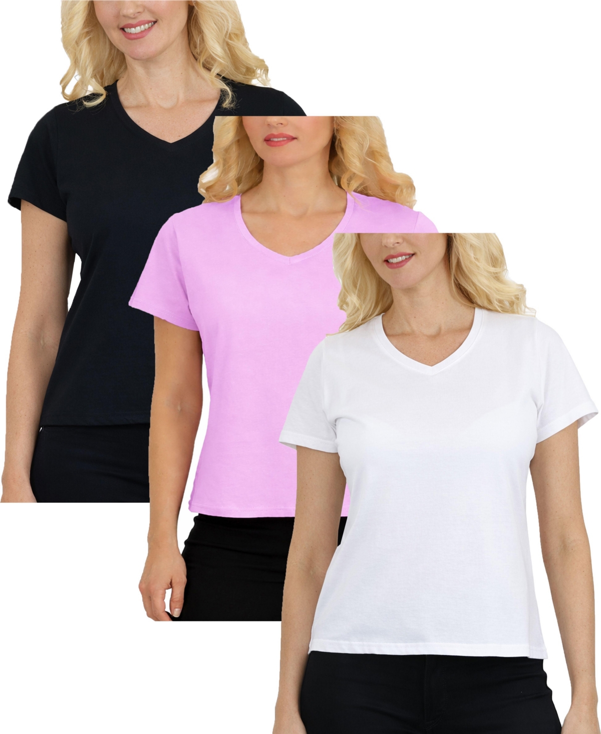Galaxy Divatee Women's Relaxed Fit V-Neck Short Sleeve T-Shirt-3 Pack - Black-bright pink-white