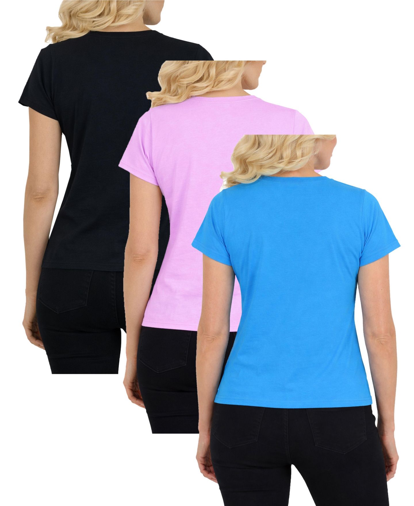 Женские футболки Galaxy By Harvic Galaxy Divatee Relaxed Fit V-Neck Short Sleeve T-Shirt-3 Pack, цвет: Чёрный розовый аквамариновый — фото 2
