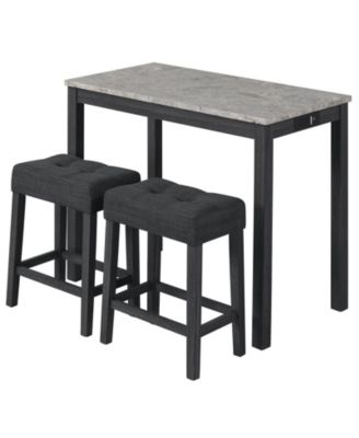 3 Piece Bar Table Set with Charging Station and Faux Marble Top Design
