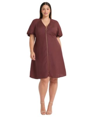 Women's Heather Linen Zip-Front Fit Flare Mini Dress