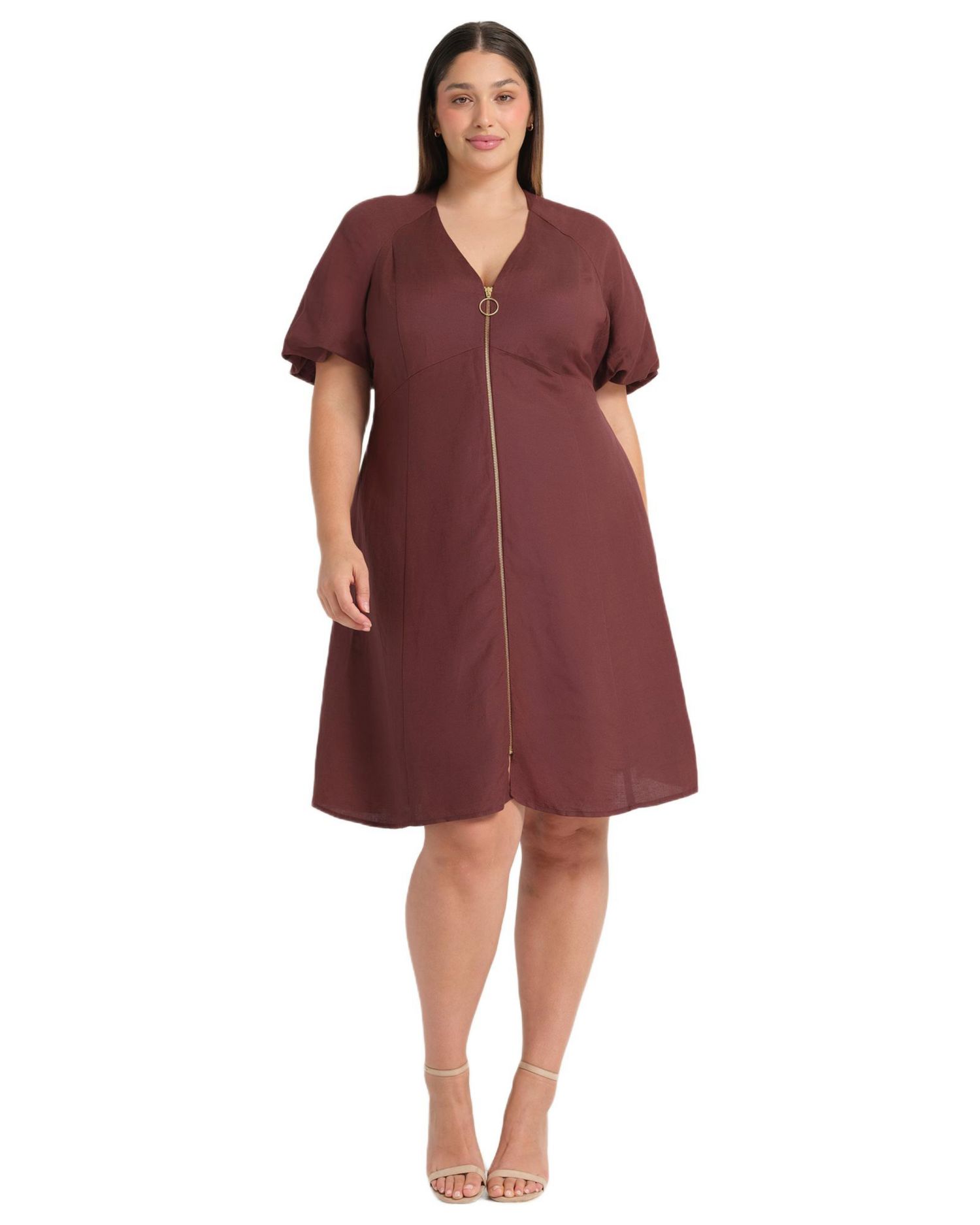 Women's Heather Linen Zip-Front Fit Flare Mini Dress