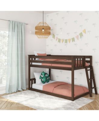 Twin Over Twin Low Bunk Bed With Ladder on End, Pecan