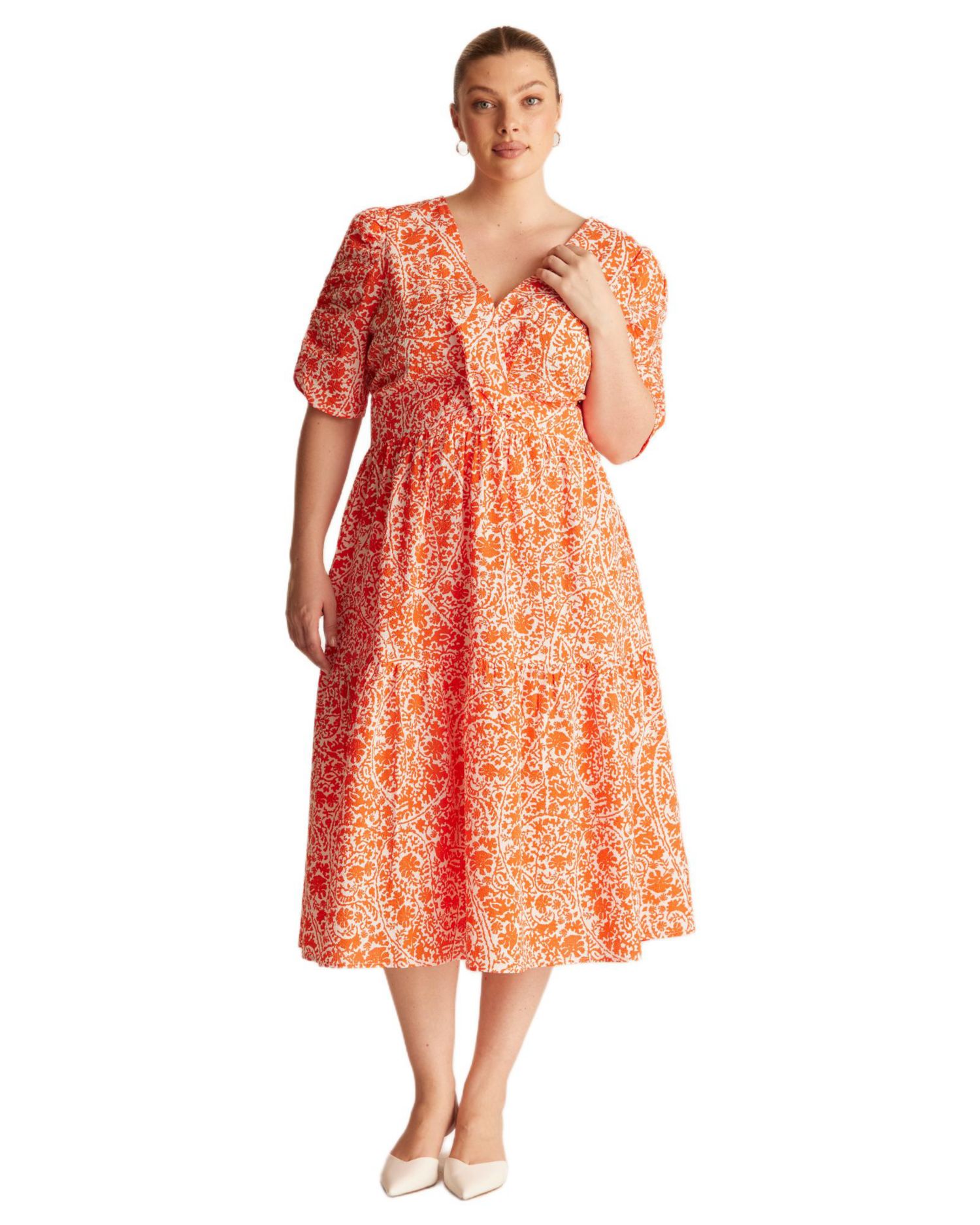 Plus Size Dreamaya Tiered V-neck Fit Flare Midi Dress