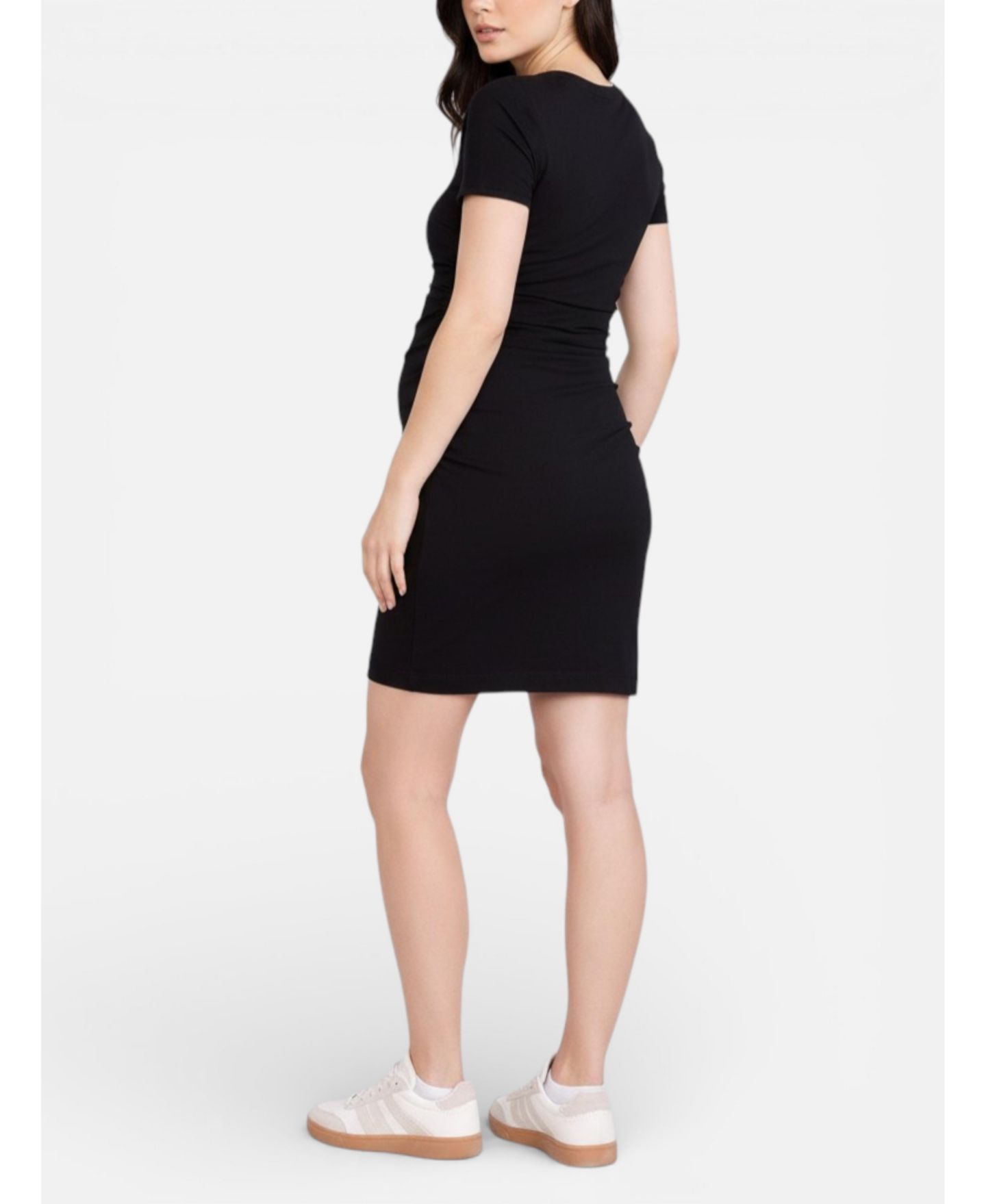 Женское платье Motherhood Maternity Motherhood V-Neck Short Sleeve Side Ruched Bodycon Mini, цвет: Чёрный — фото 2