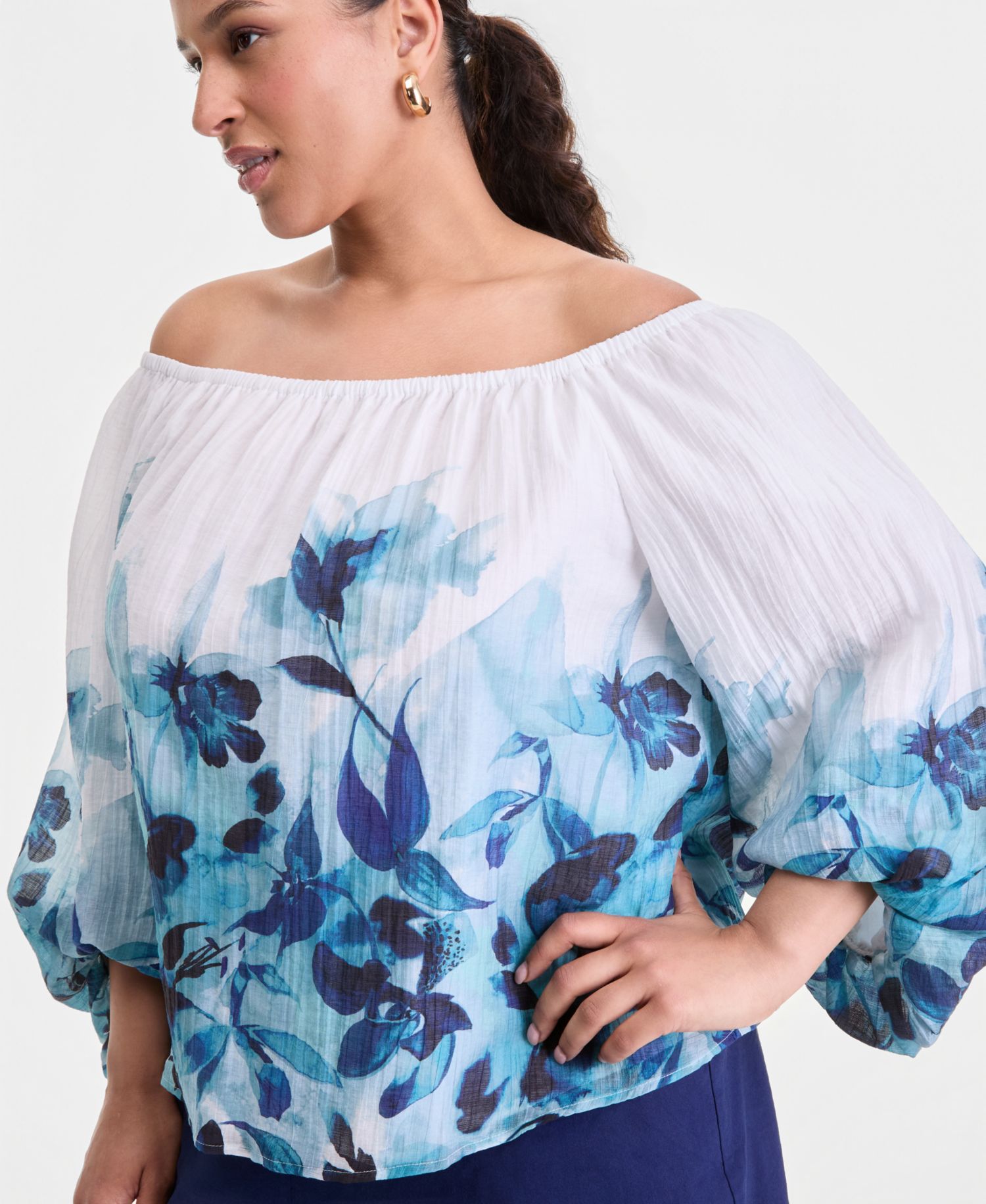 Plus Size Printed Off-The-Shoulder Puff-Sleeve Blouse