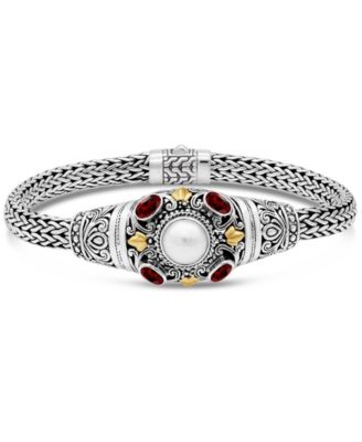 Garnet, Freshwater Cultured Pearl and Filigree with Dragon Bone Chain Bracelet in Sterling Silver and 18K Gold Accents