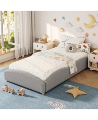 Twin Size Upholstered Floor Bed for Kids, Teddy Fabric Soft Upholstered Bed Frame with Cloud Shaped Guardrails