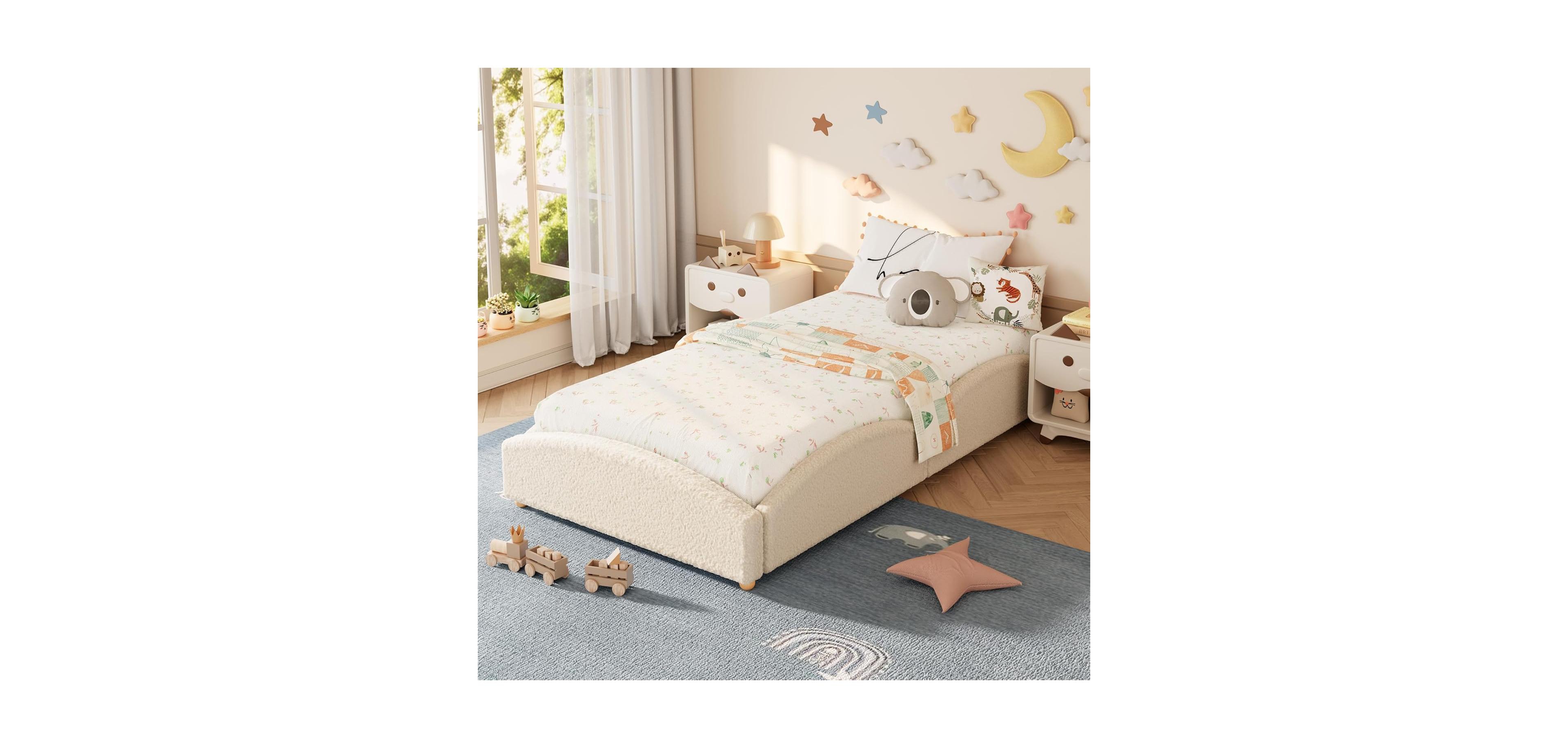 gaomon Twin-xl Upholstered Floor Bed for Kids, Teddy Fabric Soft Frame with Cloud Shaped Guardrails