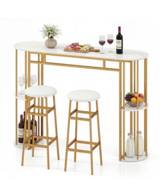 3 Pieces 60'' Bar Table Set for 2 w/ Faux Marble Tabletop and Storage Shelves