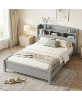 Full Pine Wood Bed with Bookcase Headboard, LED Motion Sensor Light and Bed Guardrails