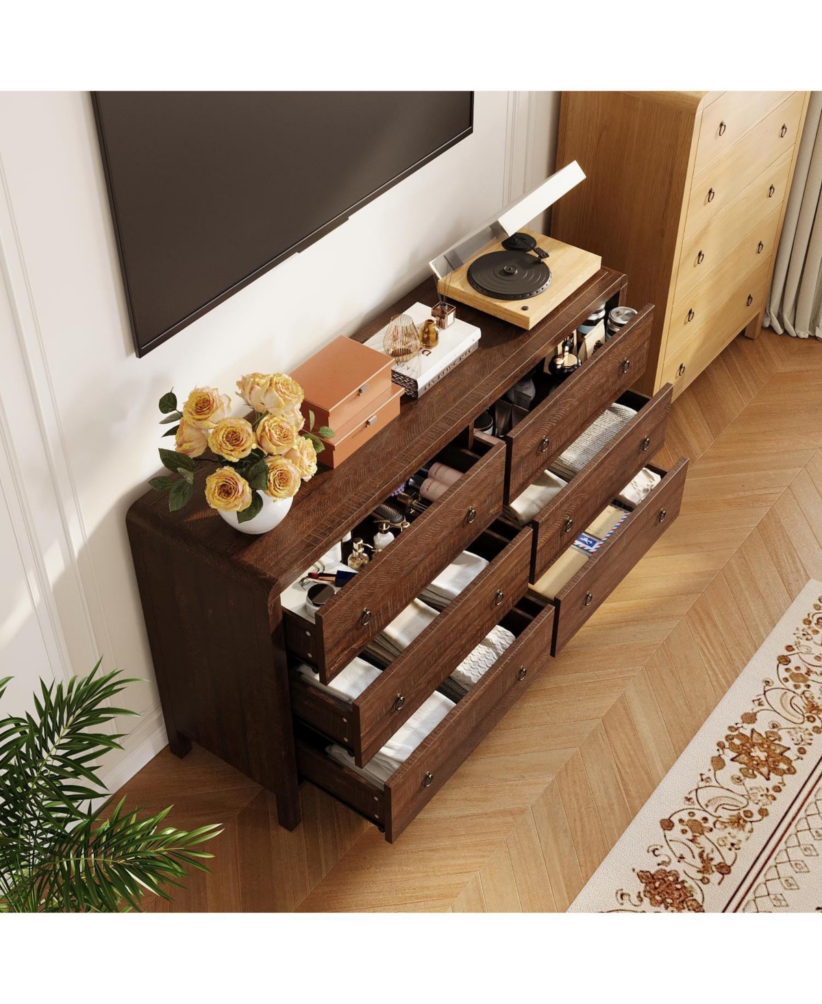 gaomon 6 Drawer Dresser for Bedroom, Wood Dresser with Large Storage Drawers, Modern Curved Angle Clothes Organizer for Closet