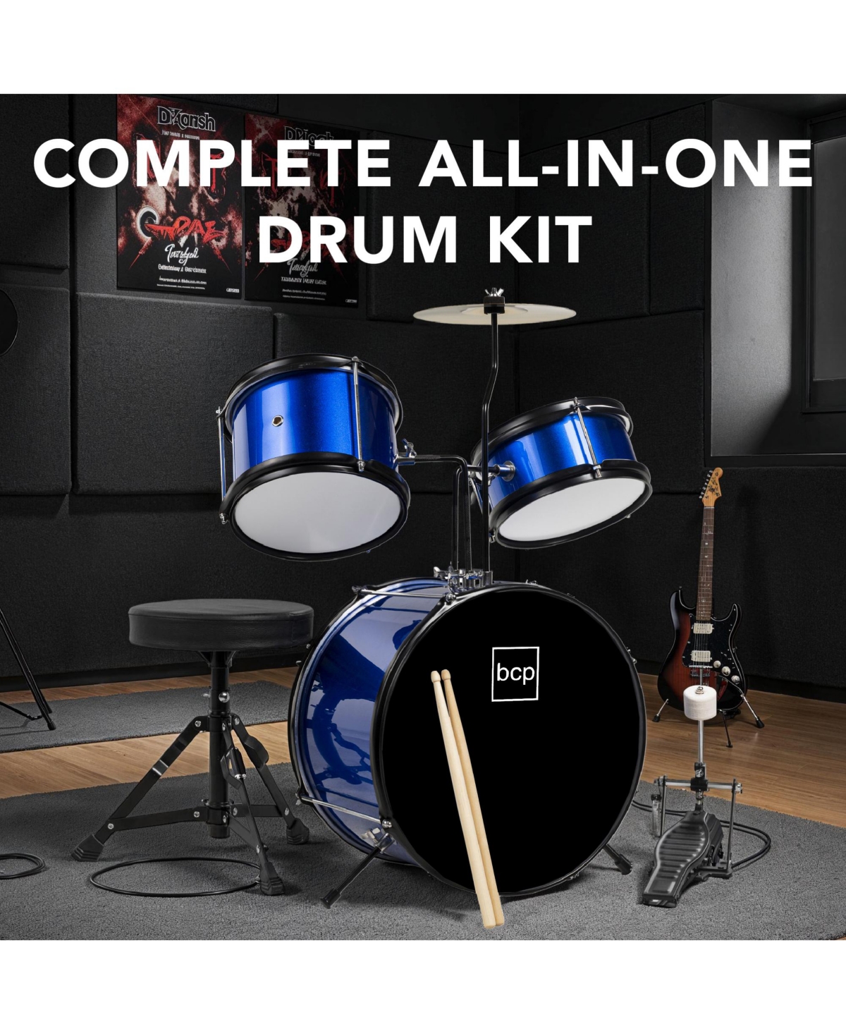 Best Choice Products Kids Beginner 3-Piece Drum, Musical Instrument Set w/ Sticks, Cushioned Stool, Drum Pedal