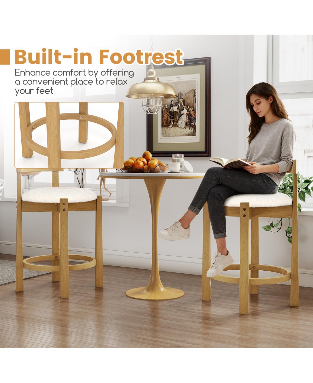 Slickblue Set of 2 Velvet Counter Bar Stools with Backrest and Footrest