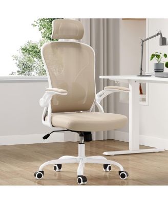  WhiteandKhaki High Back Mesh Chair,HeadrestandAdjustable Lumbar Support