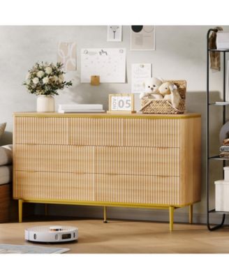 Fluted 7 Drawer Dresser with Gold Handles Curved Profile Design, 54" Wide Modern Wood Storage Cabinet and TV Stand