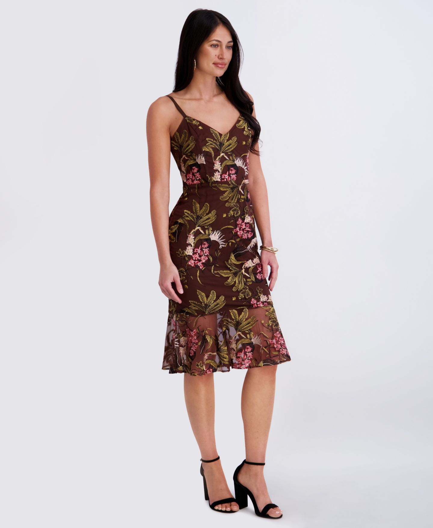 Женское платье Siena Embroidered Mesh Sweetheart Neck Midi, цвет: Шоколадный разноцветный — фото 3