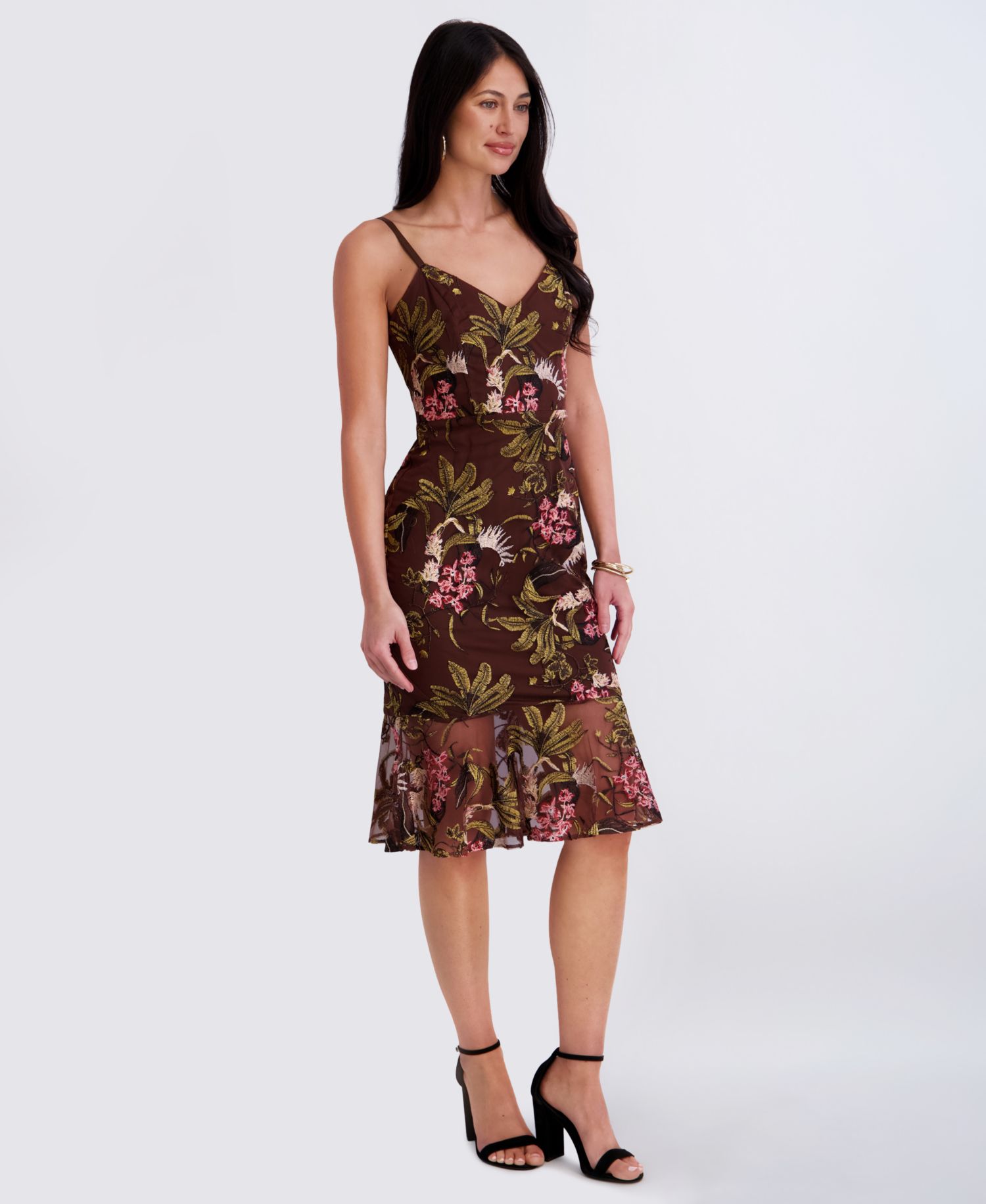 Women's Embroidered Mesh Sweetheart Neck Midi Dress
