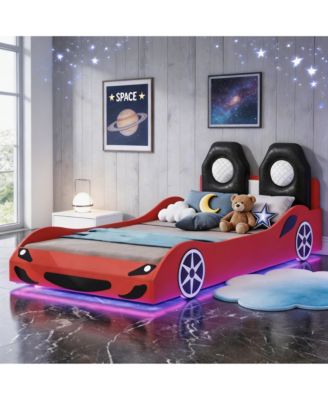 Twin Race Car Bed Frame with Under-Bed LED Lighting and Upholstered Backrest