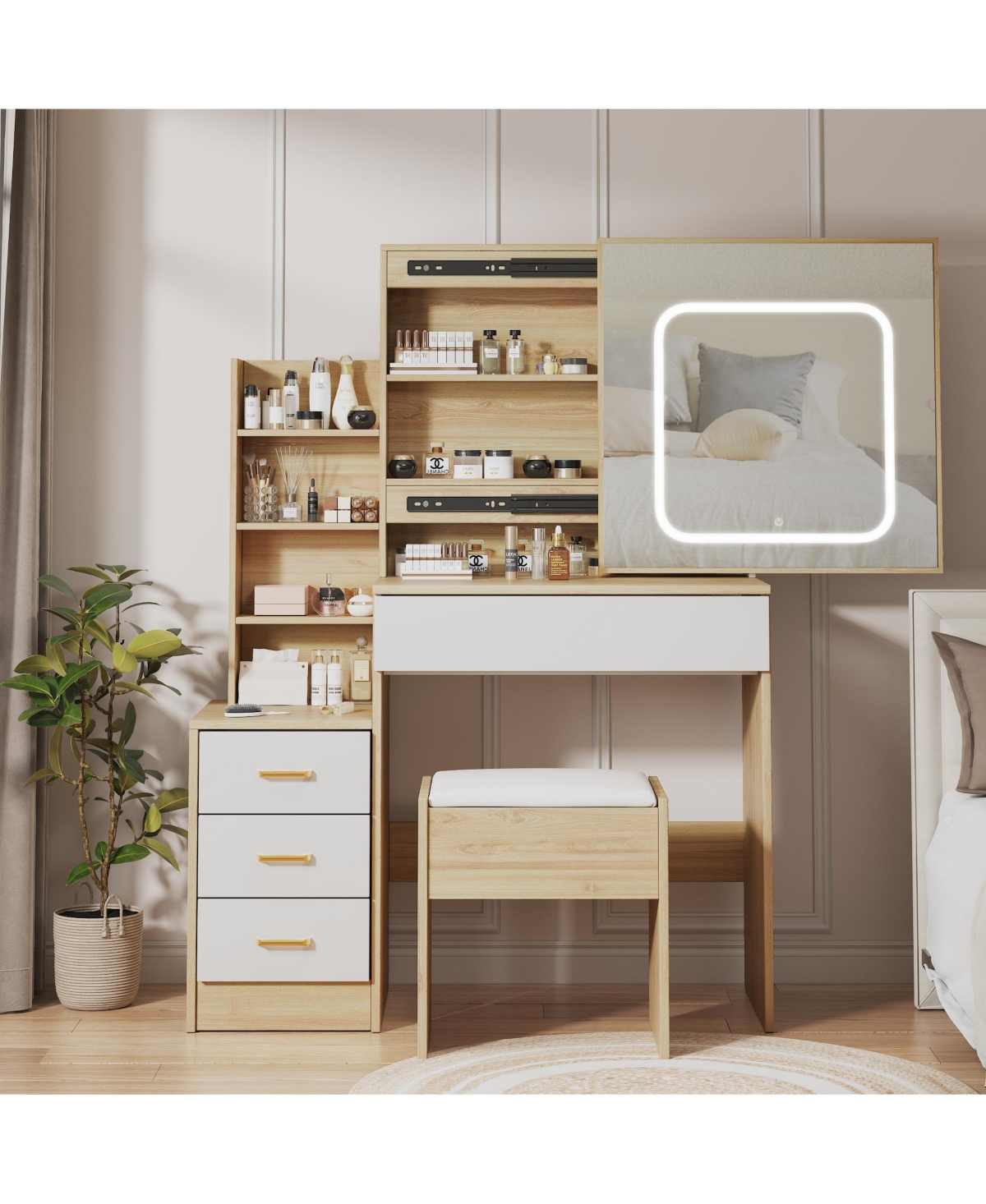 Homfan Modern Vanity Desk with Sliding Led Mirror, 4 Drawers, Power Outlet, Storage Shelves, Adjustable Lighting, Cushioned Stool