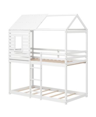 Kids House Bunk Bed Twin Over Twin with Roof and Safety Rails