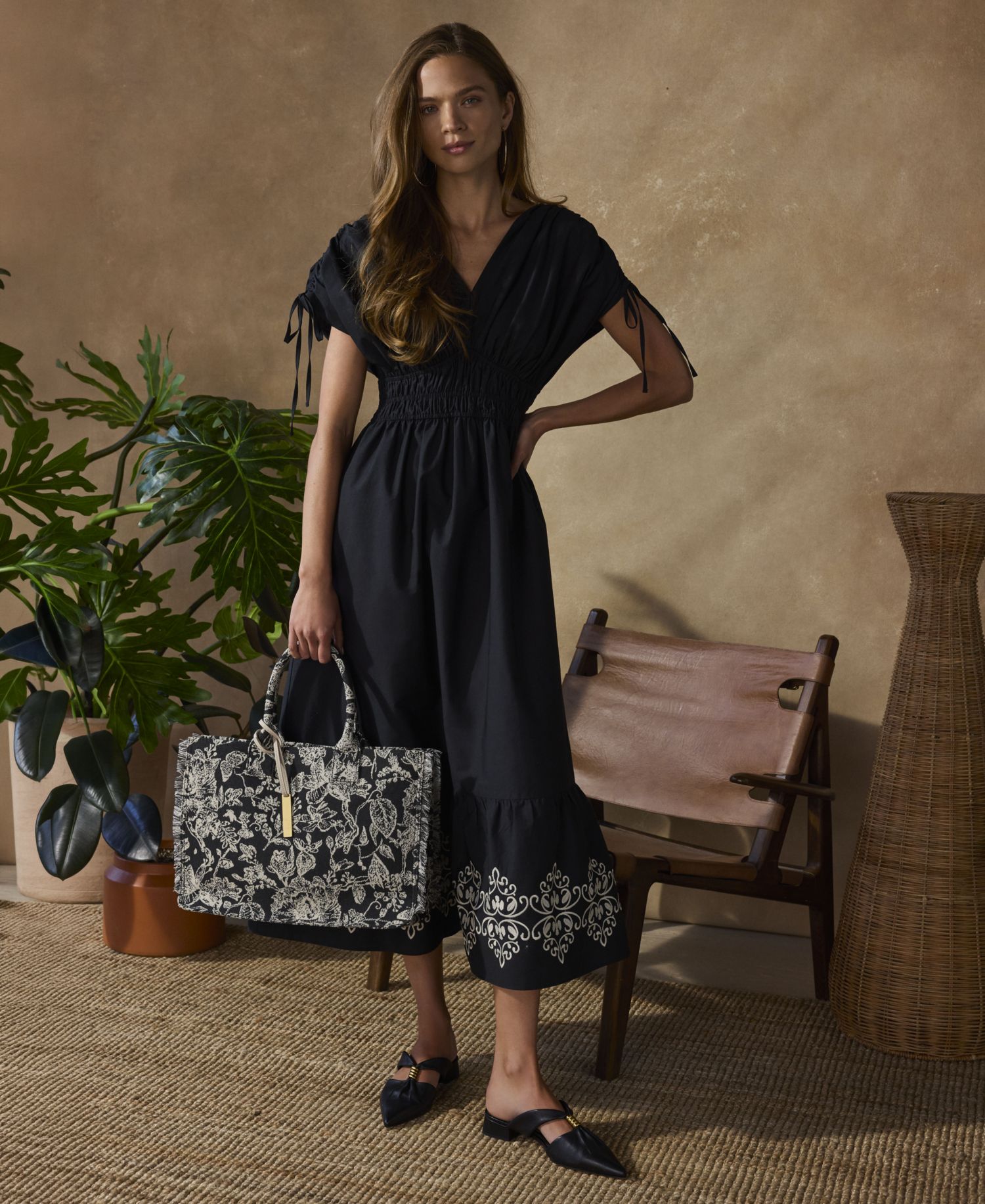 Women's V-Neck Embroidered Hem Midi Dress