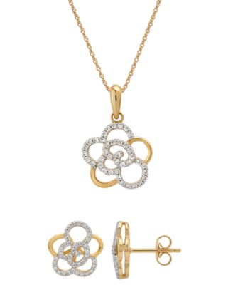 Diamond Rose Stud Earrings , Pendant Necklace Collection in 10k Yellow Gold