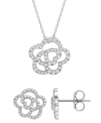  Diamond Flower Stud Earrings & Pendant Necklace Collection in 10k White Gold