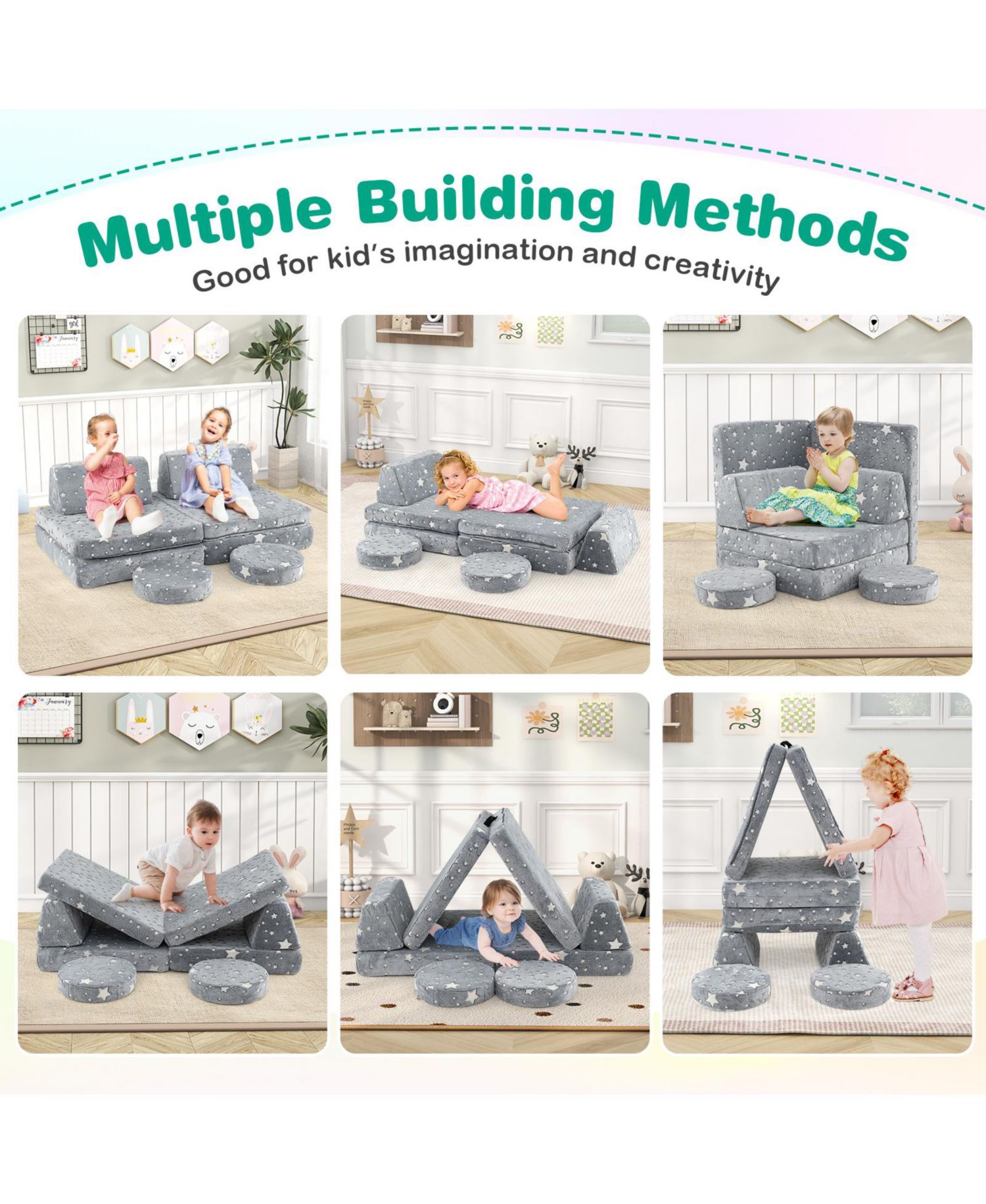 Modular Kids Play Couch Set with Glow-in-the-Dark Pattern and Handles