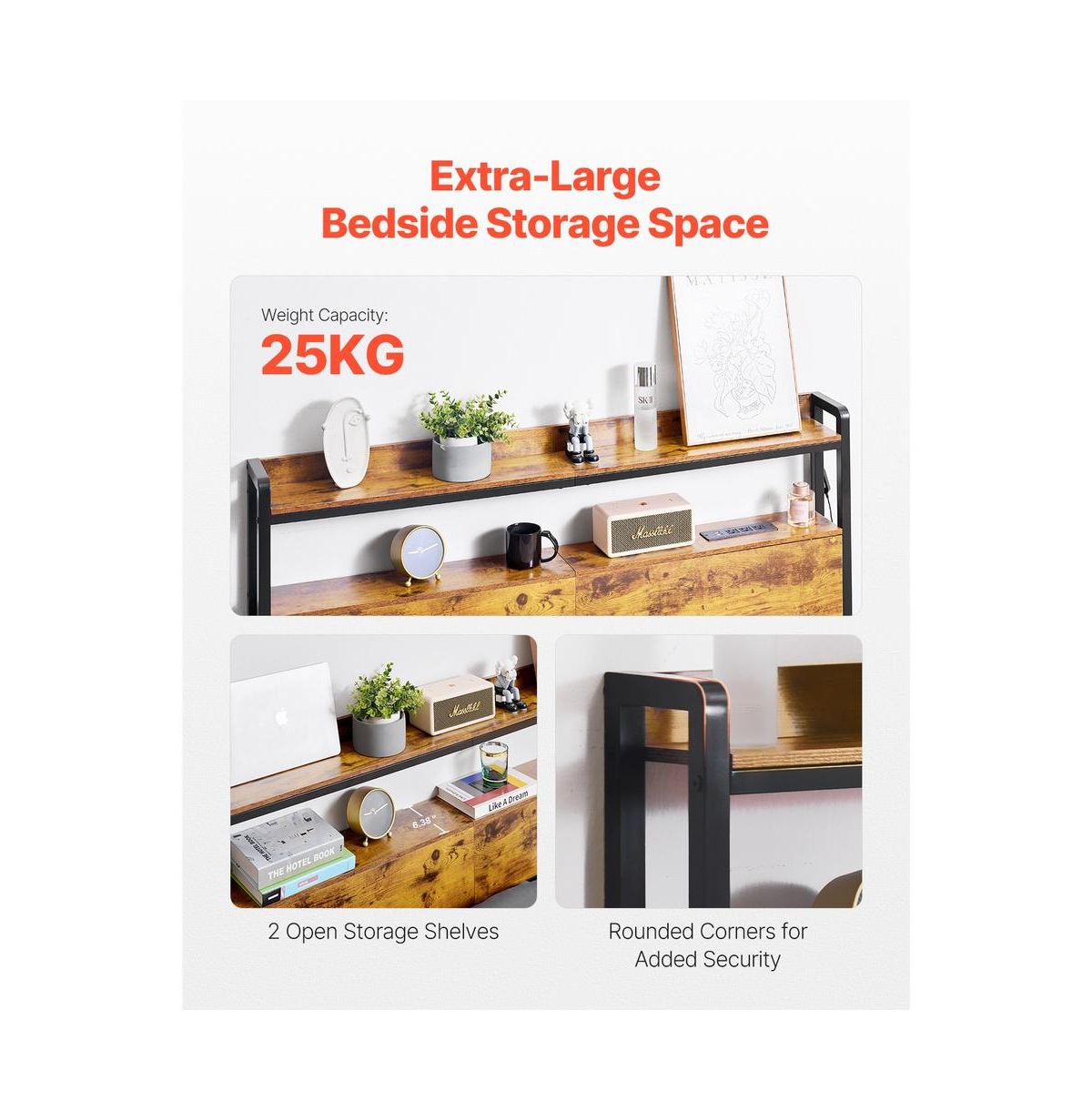Sugift Full Size Headboard with Led Lights and 2 Storage Shelves, Freestanding Headboard with Charging Station for Various Bed Frames