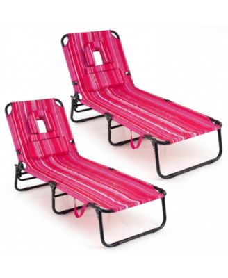 2PCS Folding Beach Sun Lounger w/Face Hole Removable Pillows 4-Position Backrest