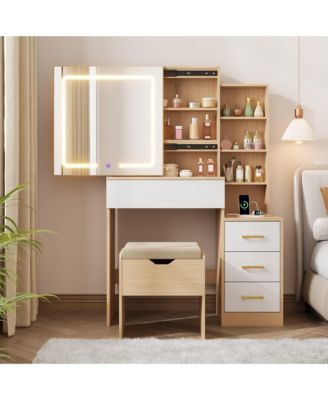 Modern Makeup Vanity Desk - Sliding Mirror, LED Adjustable Lighting, Charging Station, 4 Drawers and 7 Storage Shelves, Vanity Table with Stool