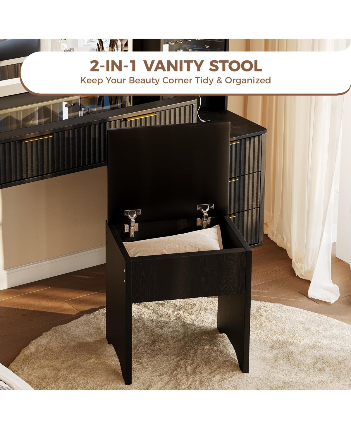 Homfan Vanity Desk with Lighted Mirror, Glass Top Dressing Table with Charging Station and Cushioned Storage Stool for Bedroom