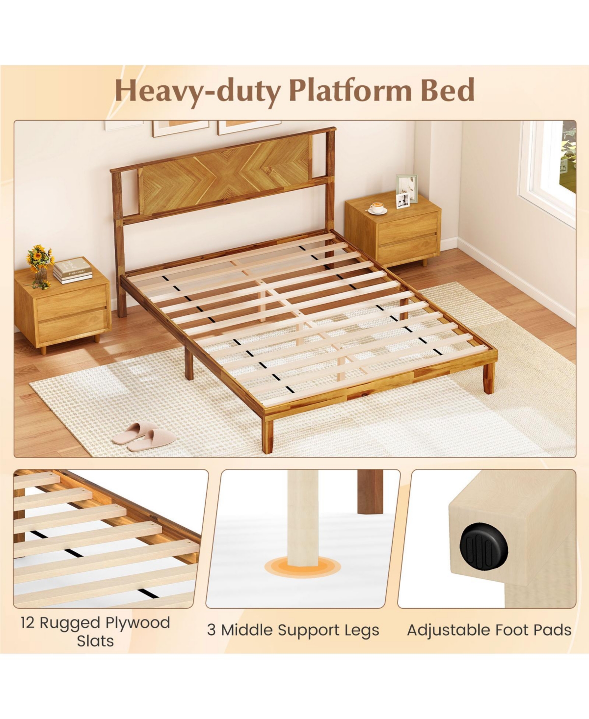 Slickblue Acacia Wood Platform Bed Frame with Headboard Mid Century Style