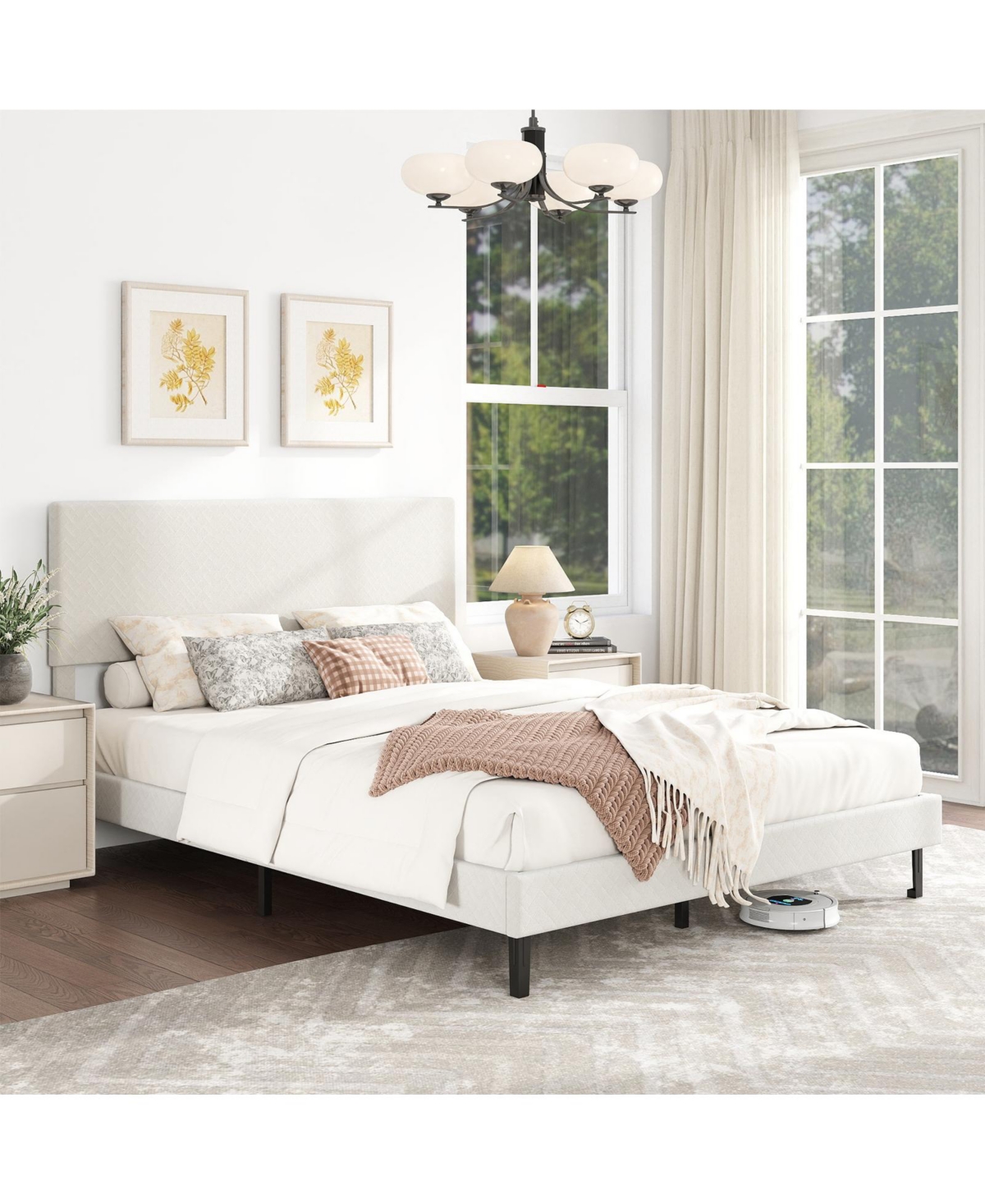 Slickblue Upholstered Velvet Platform Bed with Chevron Headboard