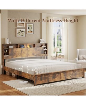 Bed Frame with Storage Headboard, Wood Platform Bed Frame with Charging Station