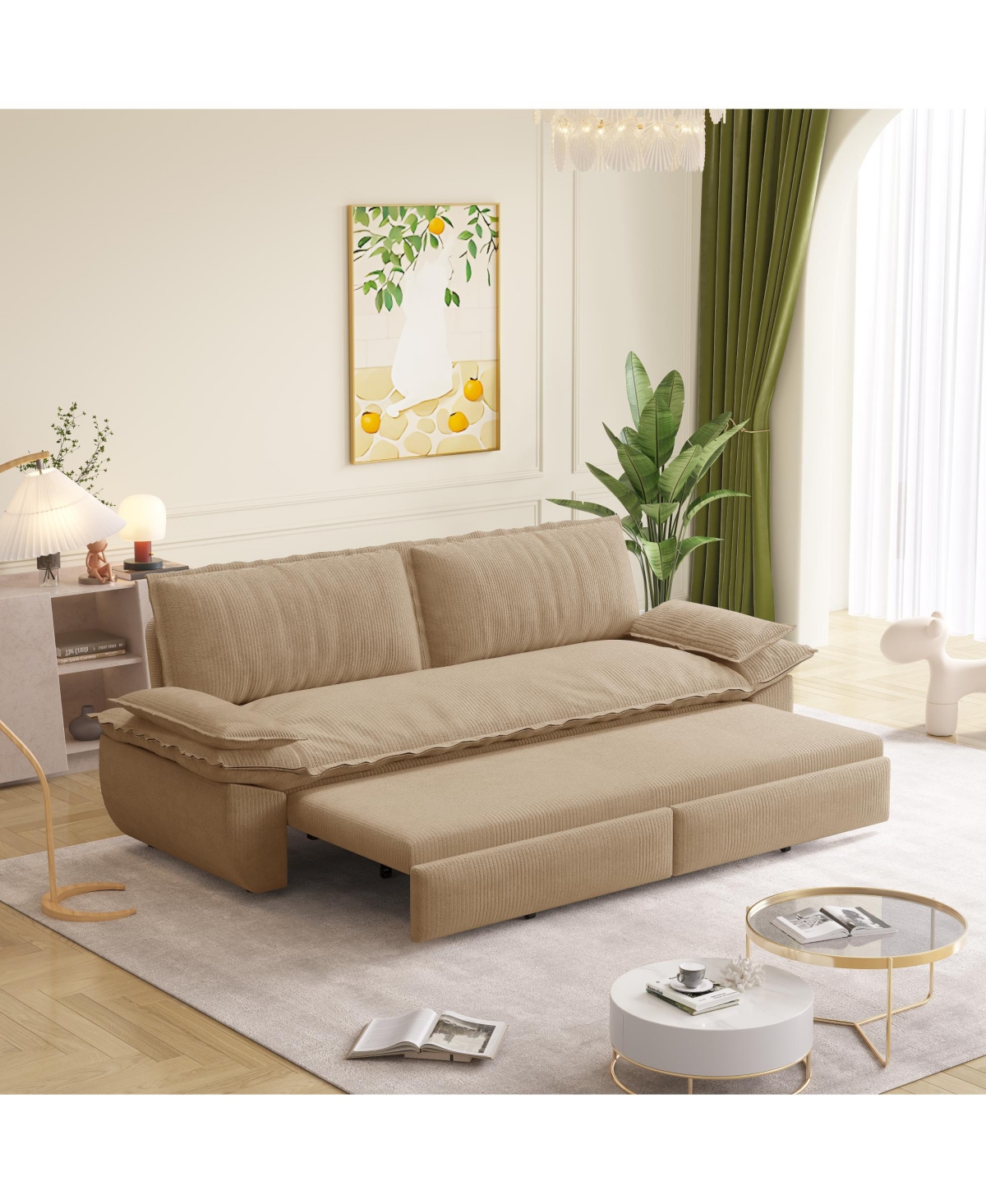 Rainsken 73.2" Velvet Upholstered Queen Sofa Bed, 3-in-1 Convertible Pull-Out Loveseat with Soft Armrests for Guest and Living Spaces