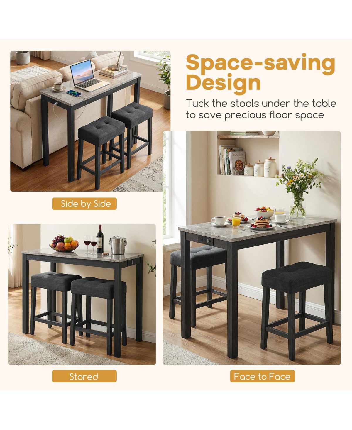 Gymax 3 Pcs Bar Table Set with Charging Station Modern Counter Height Breakfast