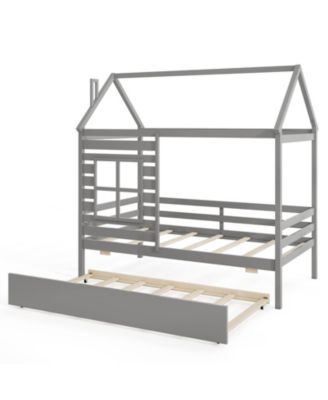 Wooden House Bed with Trundle and Roof Platform Frame