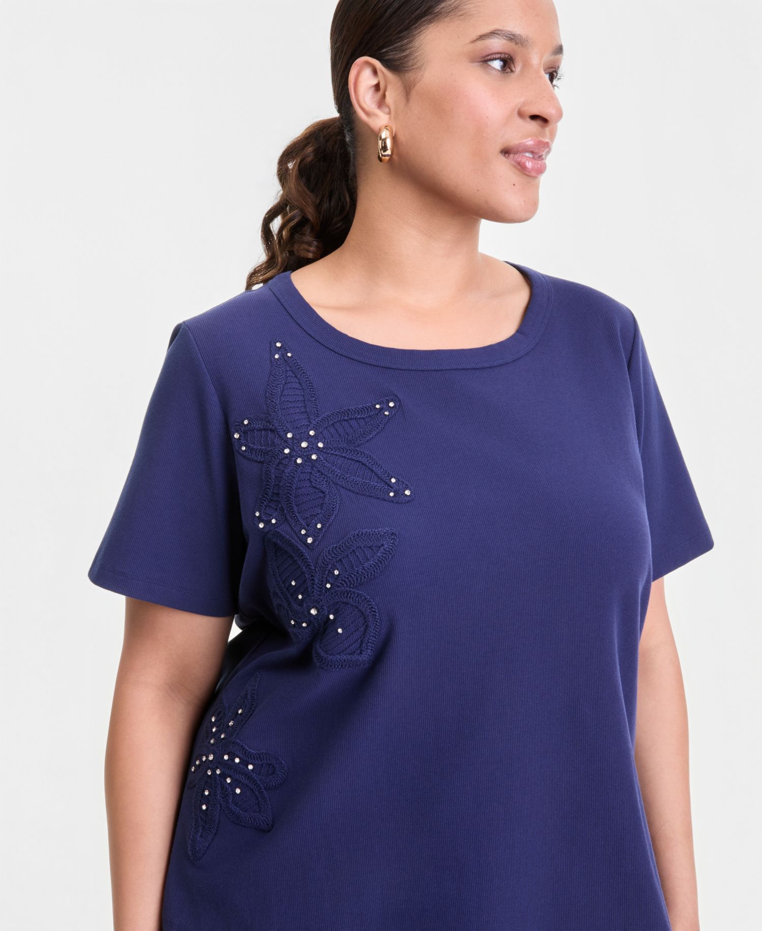 Plus Size Short-Sleeve Crochet Embellished T-Shirt