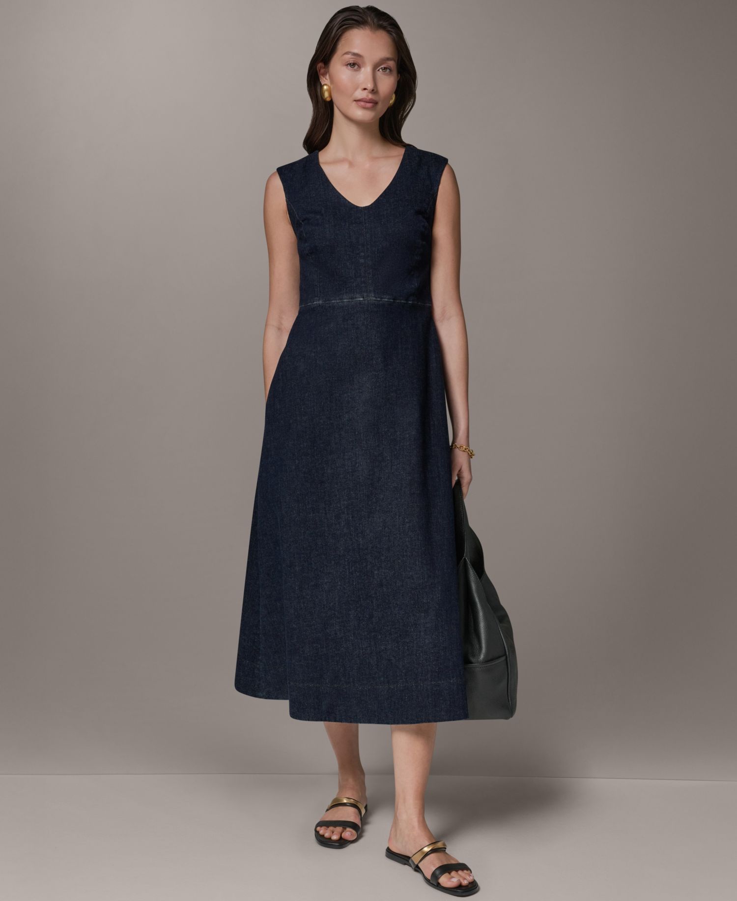 Women's Contrast Color Self-Belted V-Neck Midi Dress