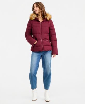 Juniors' Faux-Fur-Trim Hooded Puffer Coat