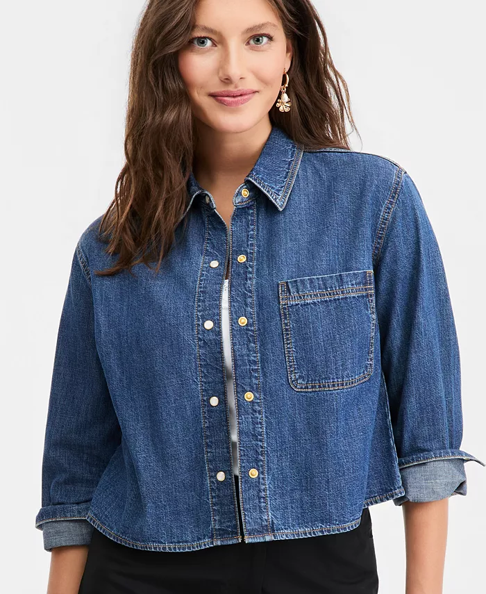 Women's Long Sleeve Cropped Denim Shirt - thumbnail 3