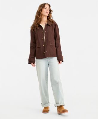 Juniors' Contrast-Collar Snap-Front Barn Jacket