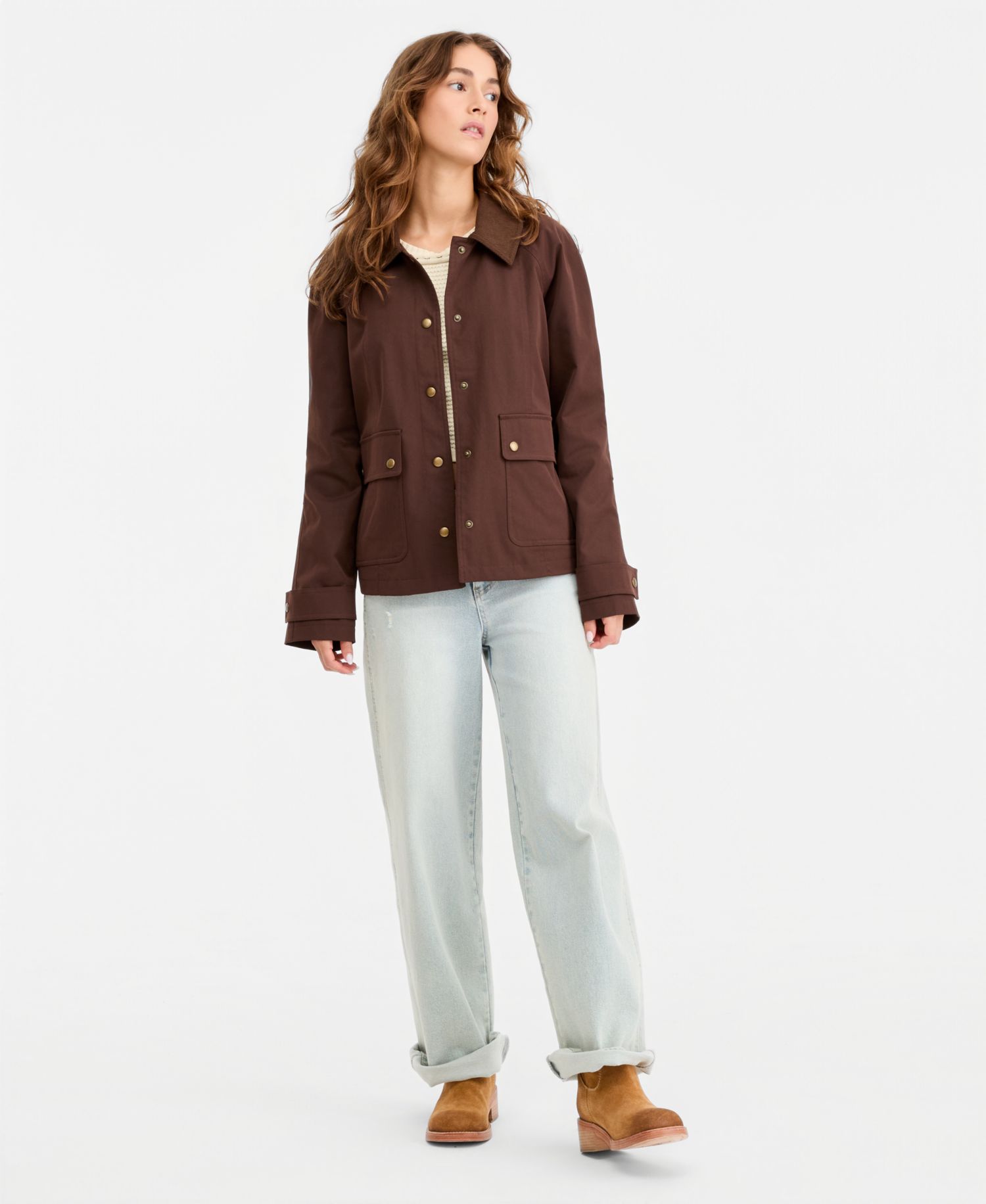 Juniors' Contrast-Collar Snap-Front Barn Jacket
