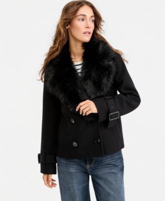 Marilyn & Me Juniors' Faux-Fur-Collar Double-Breasted Jacket