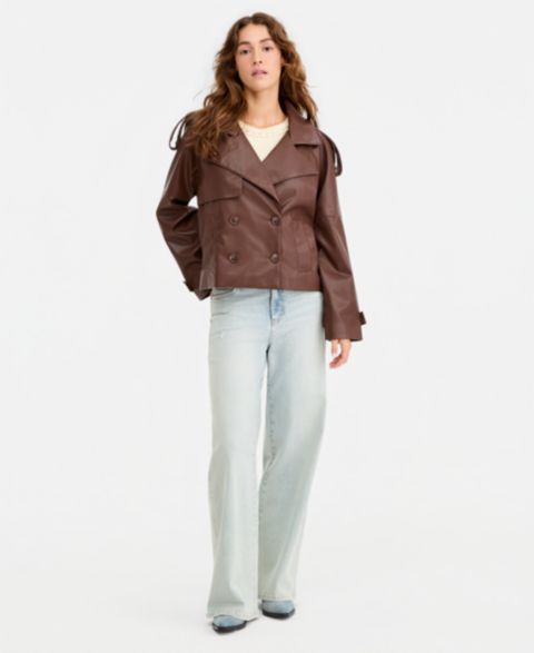 Женские куртки Maralyn & Me Juniors' Cropped Double-Breasted Faux-Leather Trench Coat