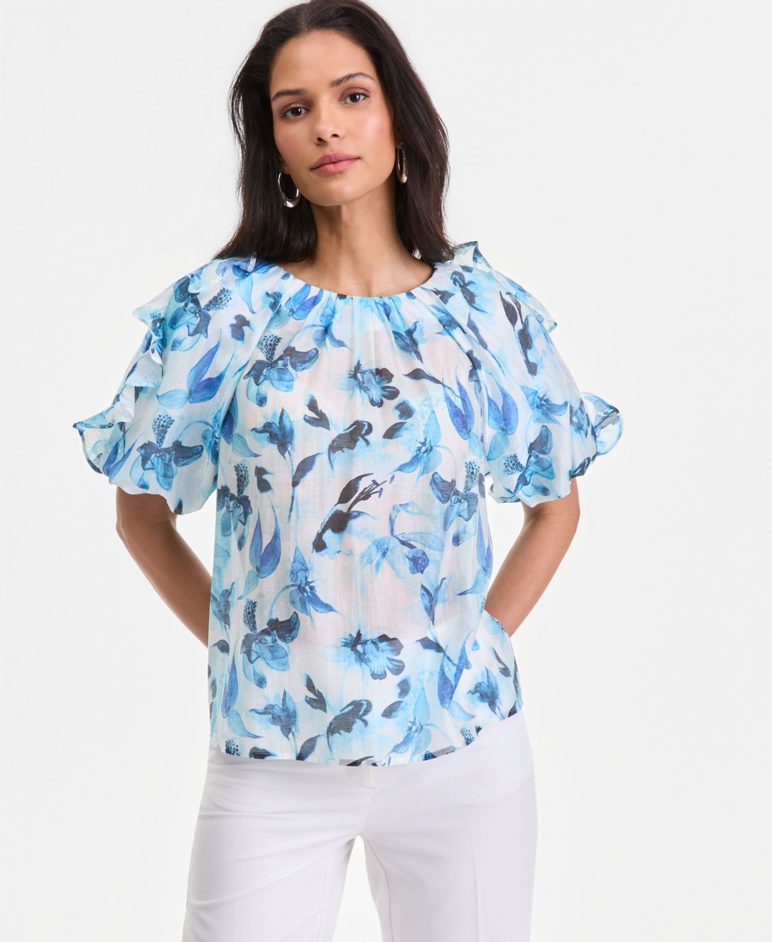 Women's Printed Ruffle-Sleeve Top