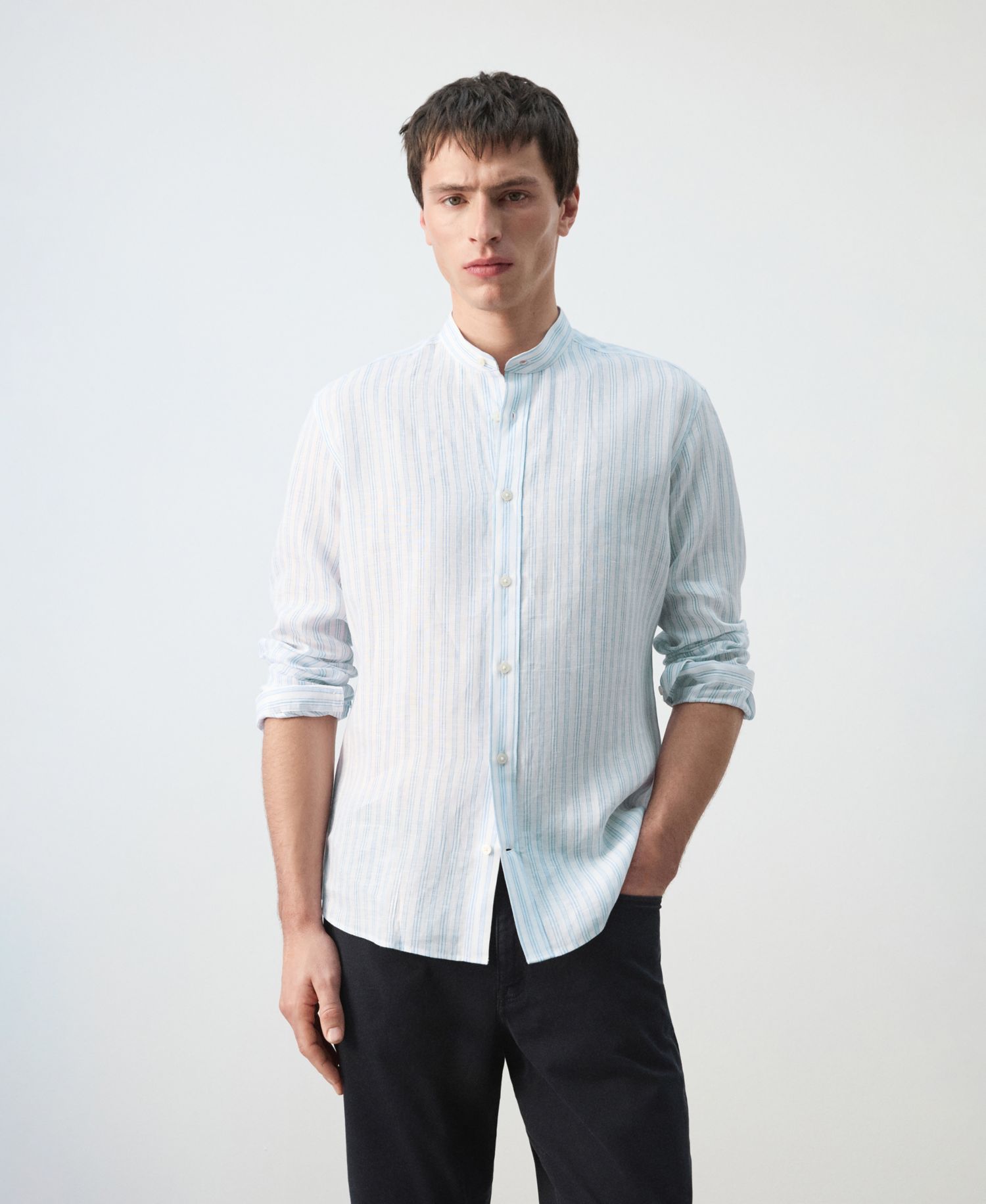 Men's Mandarin Collar Striped Shirt