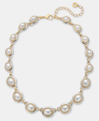 Two-Tone Faux Imitation Pearl Roping Metal Cable Necklace