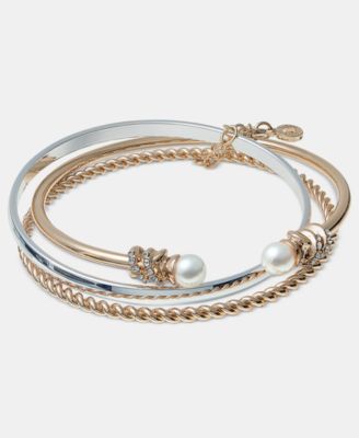 Two-Tone Boxed 3-Pc. Metal Imitation Pearl Bangle Bracelet Set 
